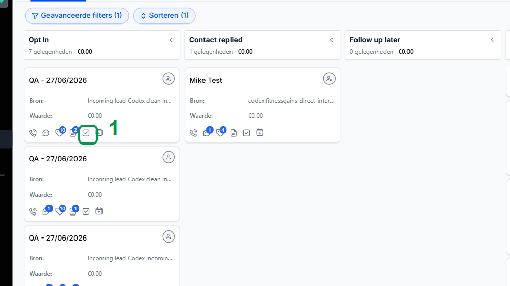 Pipeline opportunitykaart met het takenicoon in de actierij