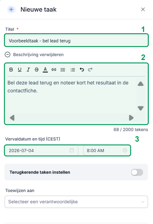 Nieuwe taak formulier met titel beschrijving en vervaldatum