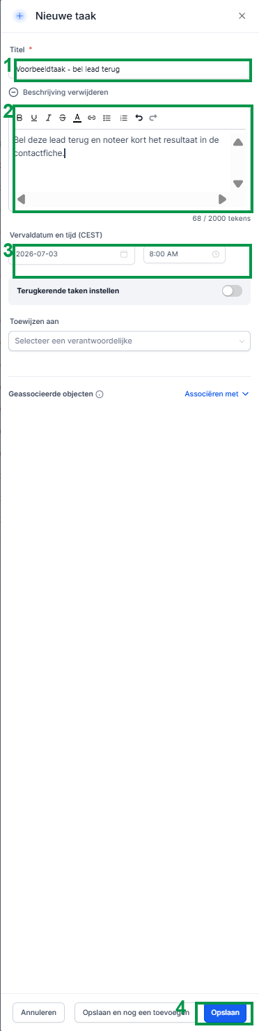 Nieuwe taak formulier met titel beschrijving vervaldatum en Opslaan knop