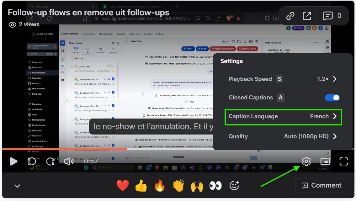 Instellingenmenu van de videospeler met Closed Captions en Caption Language