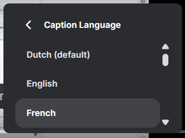 Caption Language menu met de keuzes Dutch, English en French