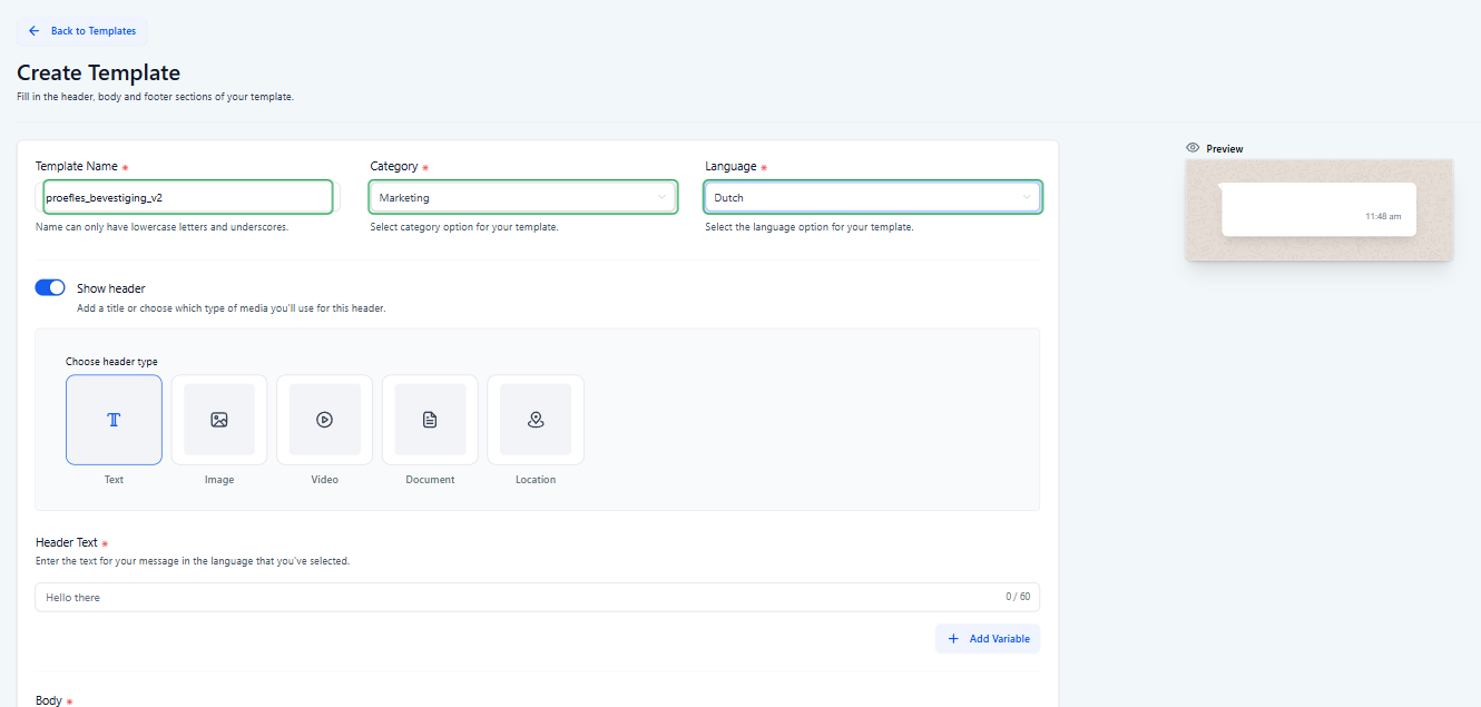 Create Template scherm met template naam categorie Marketing en taal Dutch