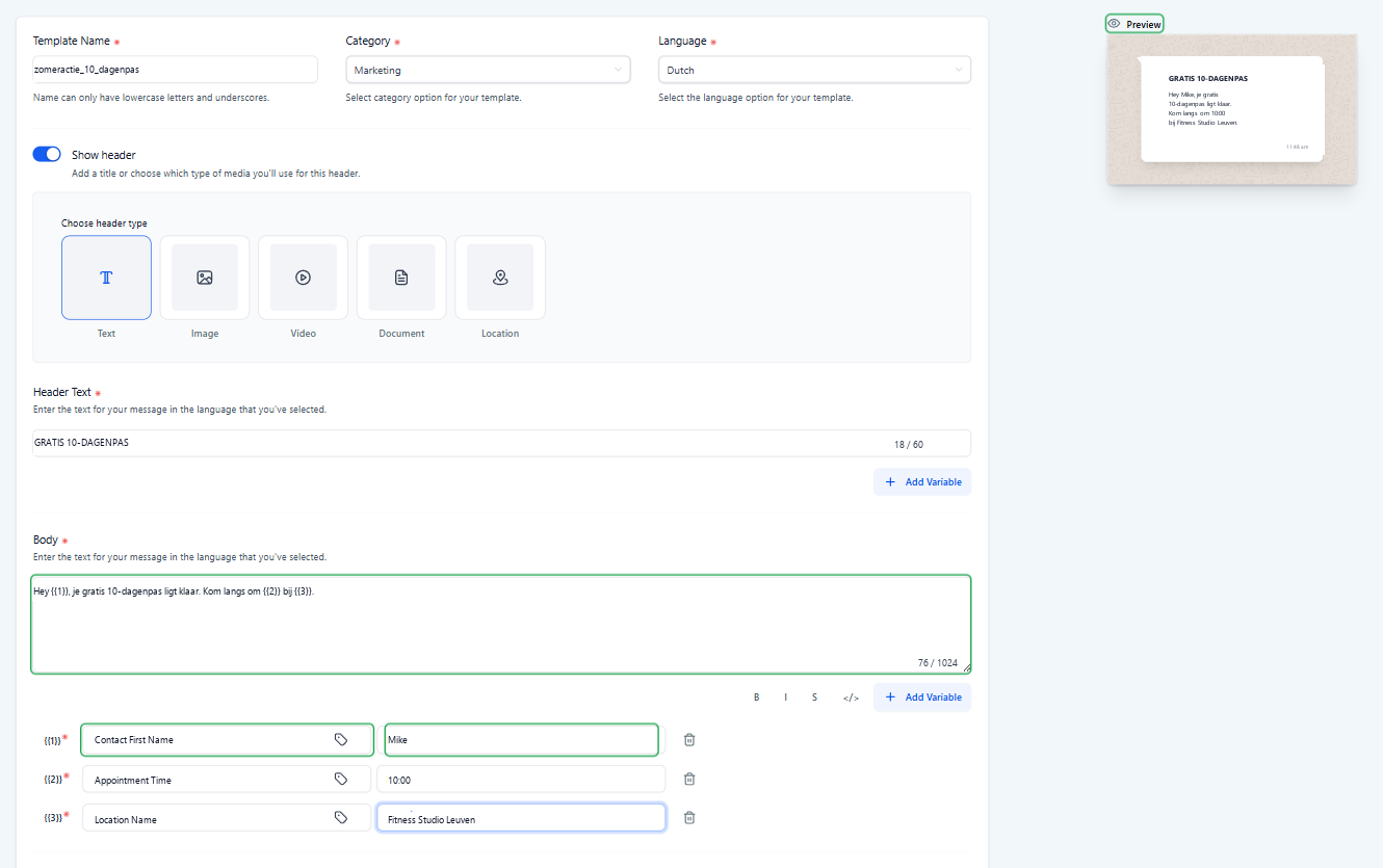 WhatsApp template body met 10-dagenpas custom variables sample values en preview