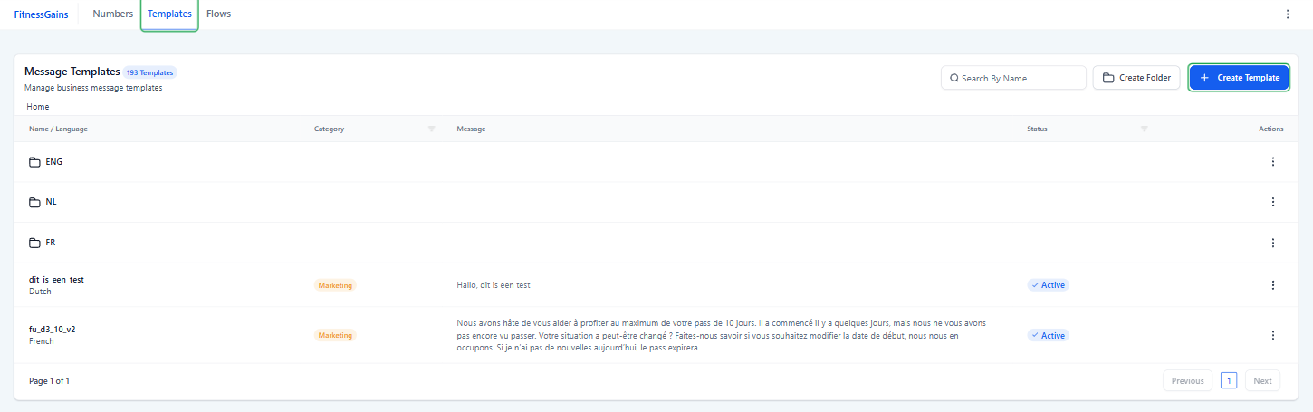 WhatsApp Templates overzicht met Create Template knop